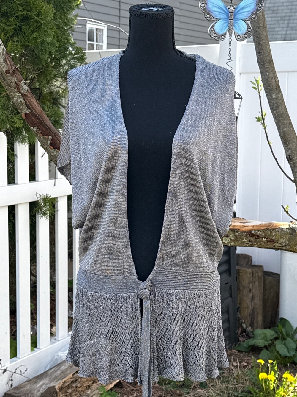 Silver Metallic Knit Open Front Cardigan with Crochet Hem & Tie Waist | Sz L